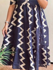 Indigo Cotton Wave Midi Dress - pasoya