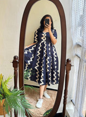 Indigo Cotton Wave Midi Dress - pasoya