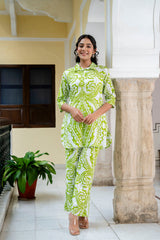 Lime Green Cotton Ikat Print Co - Ord Set - pasoya