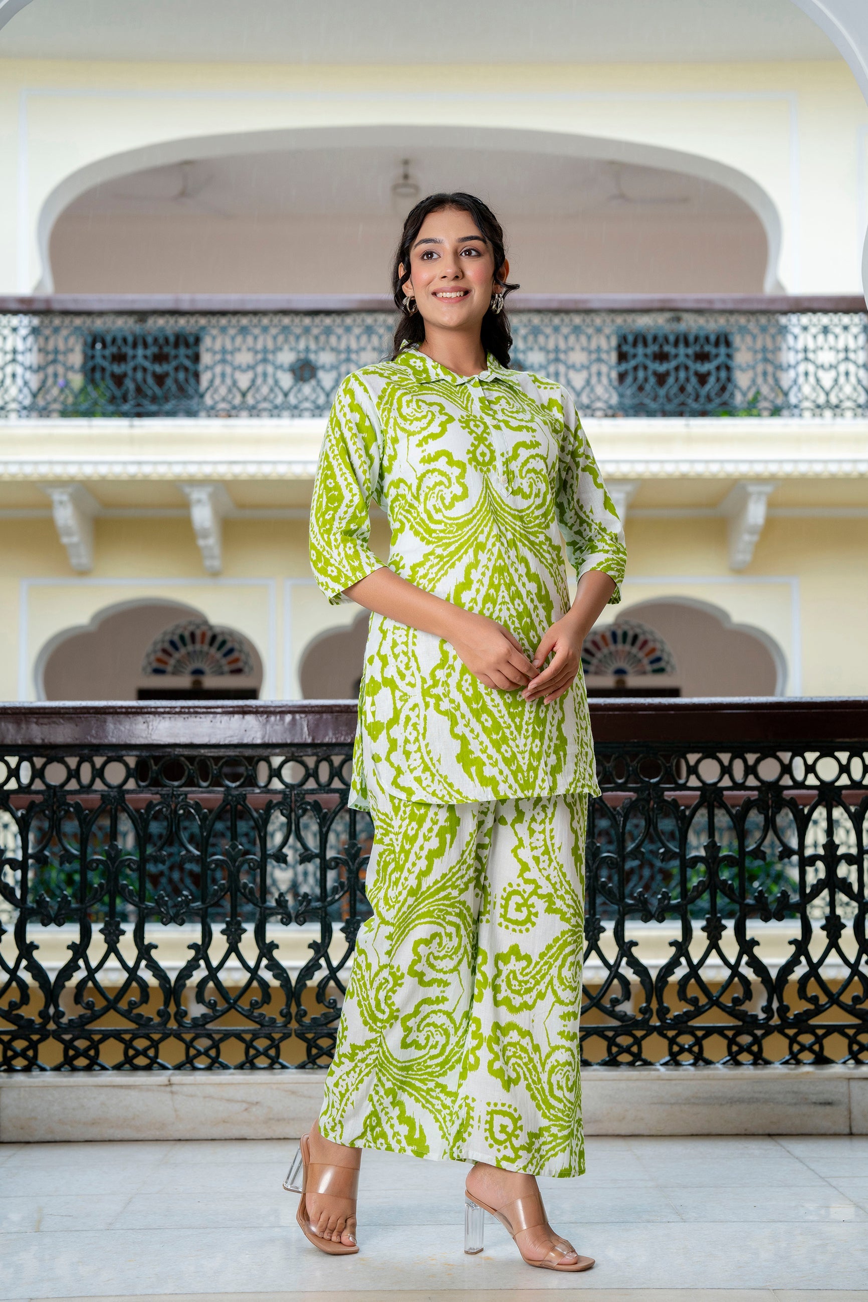 Lime Green Cotton Ikat Print Co - Ord Set - pasoya