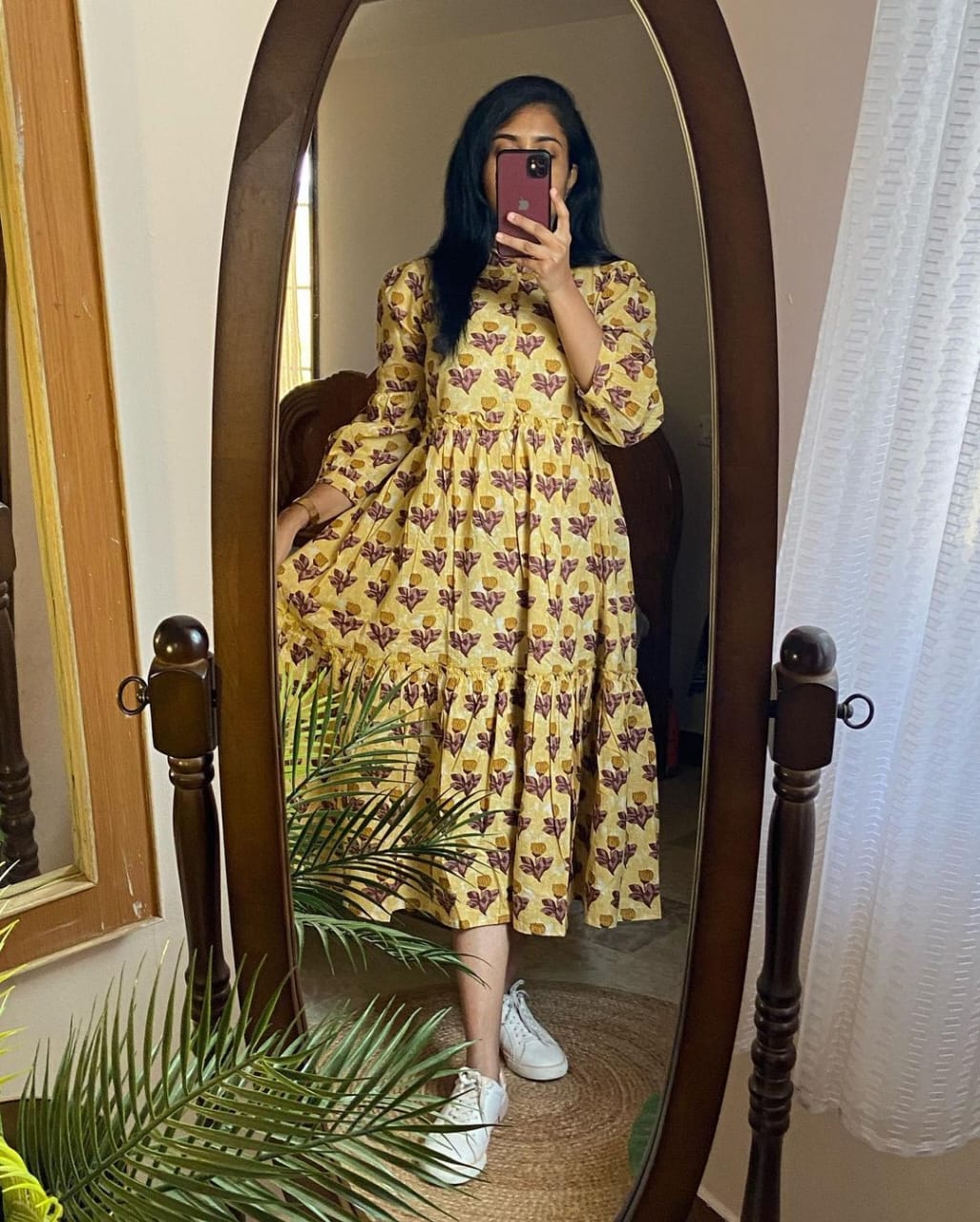 Mustard Print Cotton Middi Gown - pasoya