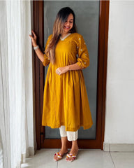 Mustard Yellow Flared Kurti with Embellished Sleeves - pasoya