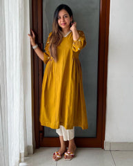 Mustard Yellow Flared Kurti with Embellished Sleeves - pasoya