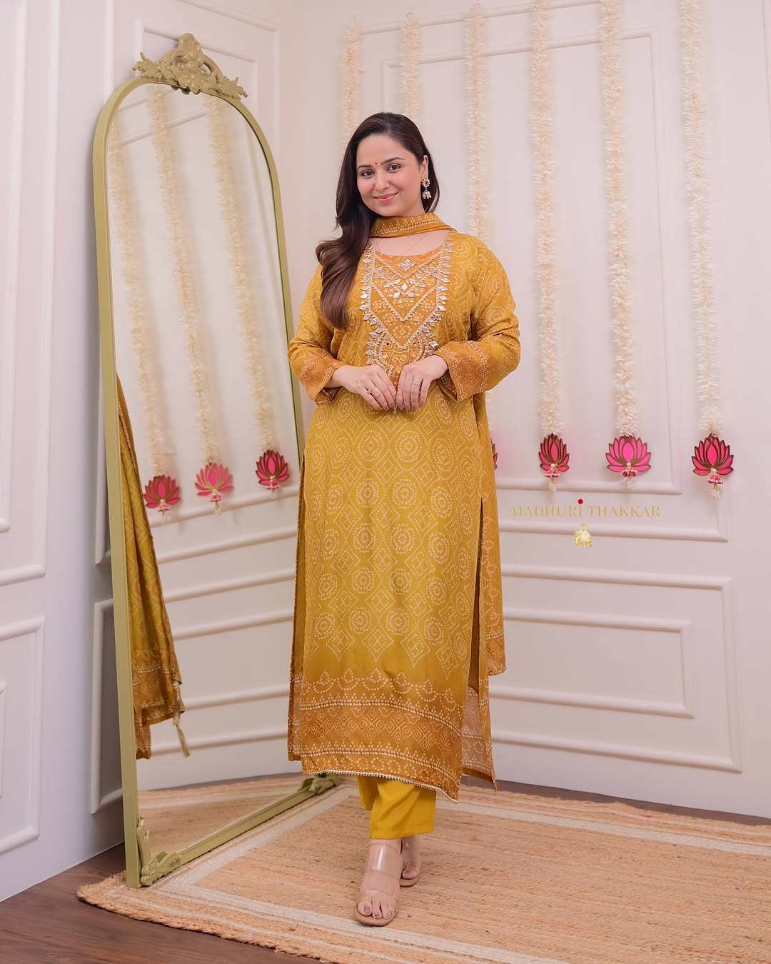 Mustard Yellow Gotawork Bandhani Print Silk Suit - pasoya