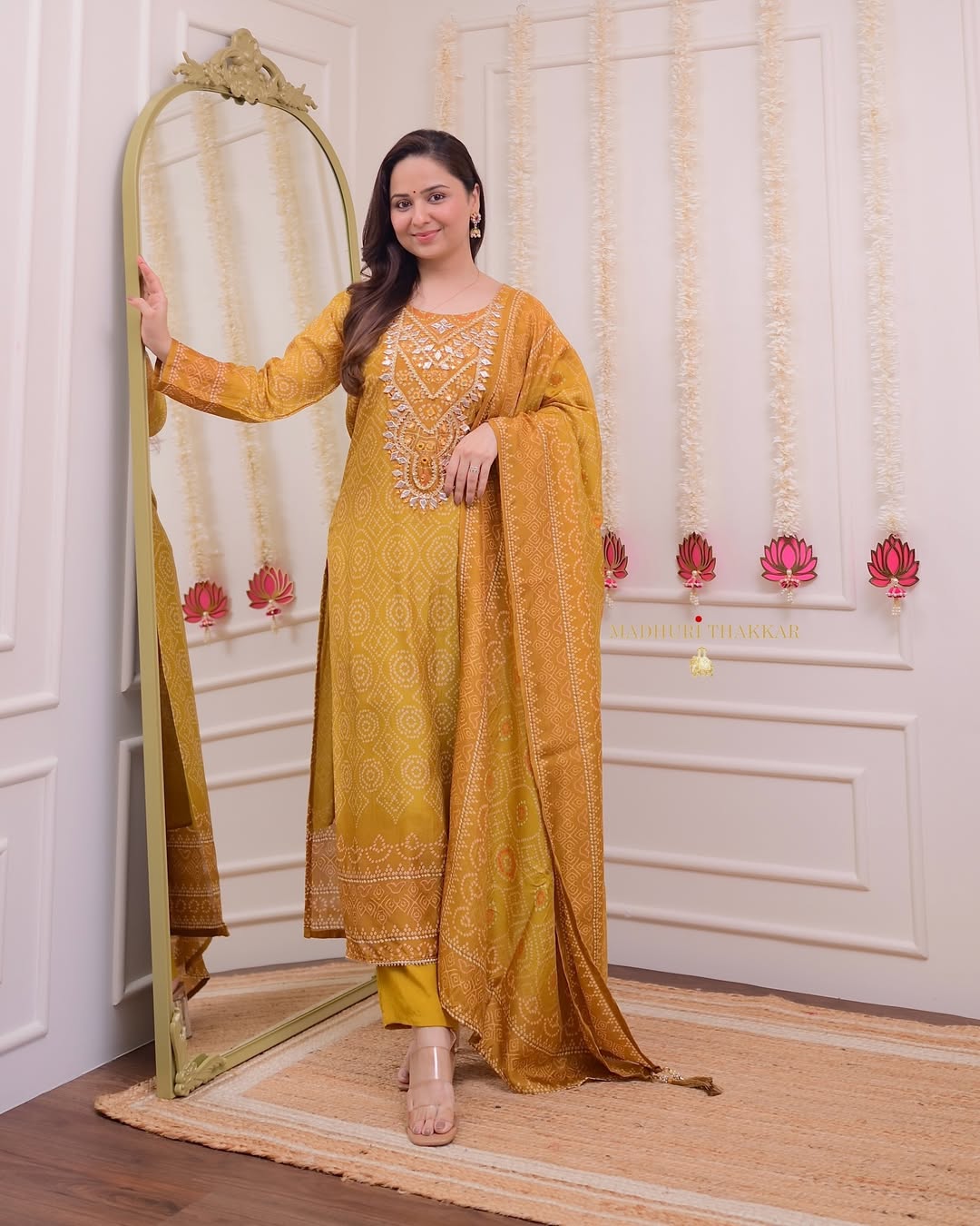 Mustard Yellow Gotawork Bandhani Print Silk Suit - pasoya