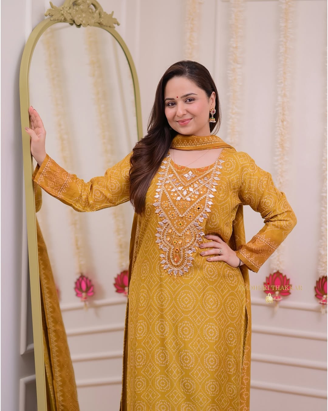 Mustard Yellow Gotawork Bandhani Print Silk Suit - pasoya