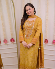Mustard Yellow Gotawork Bandhani Print Silk Suit - pasoya