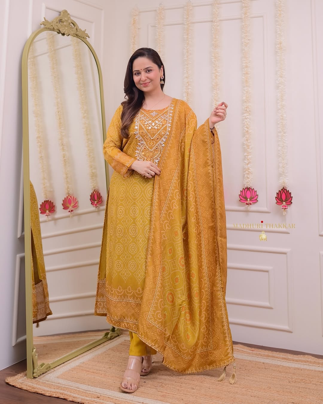 Mustard Yellow Gotawork Bandhani Print Silk Suit - pasoya