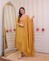 Mustard Yellow Gotawork Bandhani Print Silk Suit - pasoya