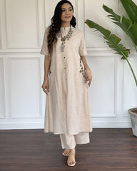 Off White Embroidered Cotton Kurta and Palazzo Set - pasoya
