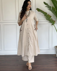 Off White Embroidered Cotton Kurta and Palazzo Set - pasoya