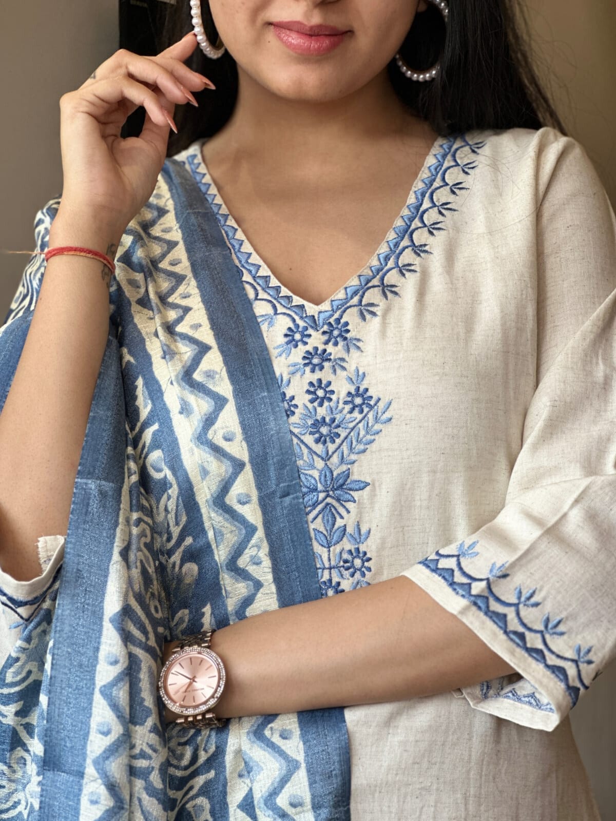 Off - White Kurta with Intricate Embroidery, Paired with Cotton Silk Dupatta - pasoya