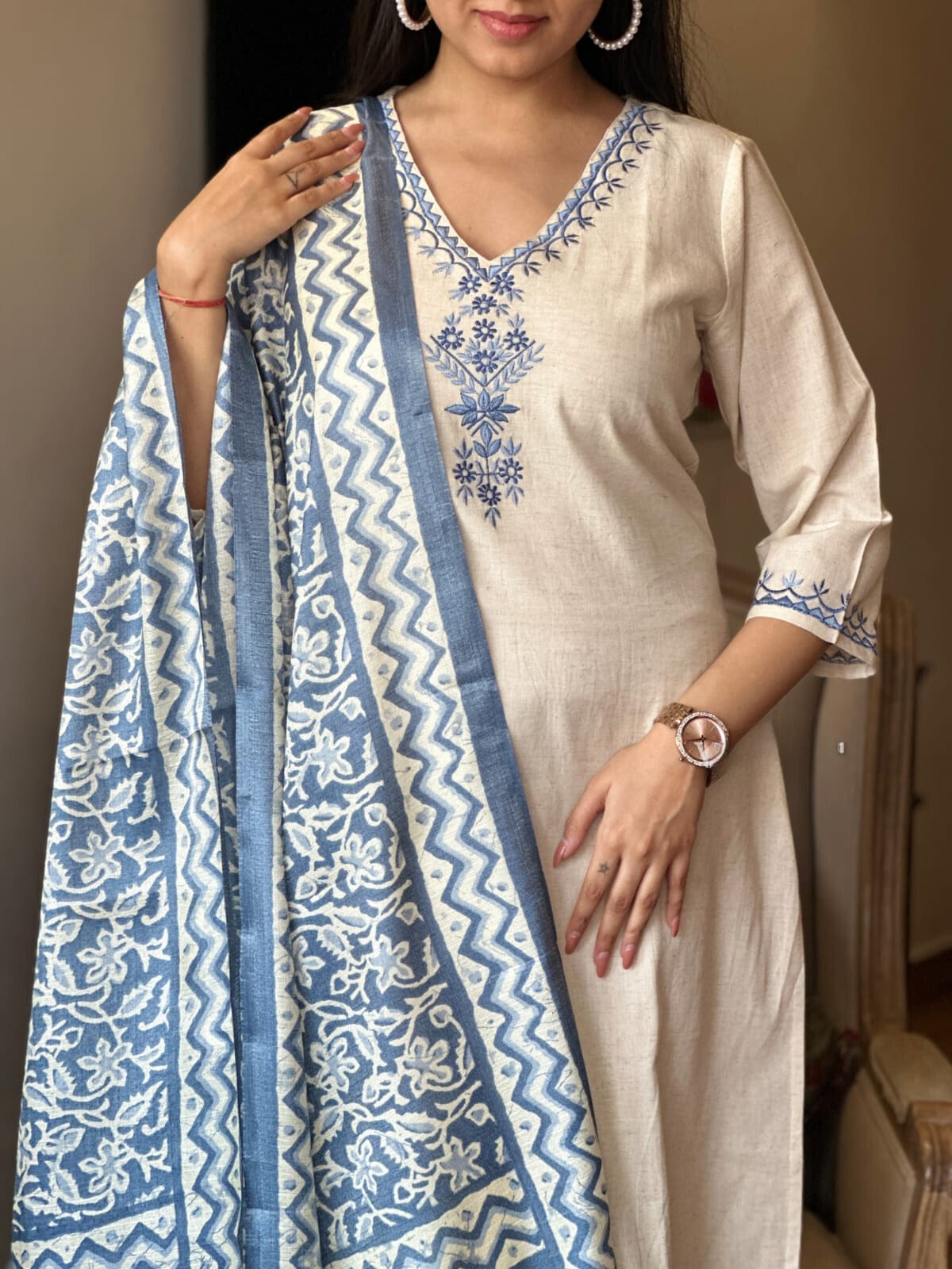 Off - White Kurta with Intricate Embroidery, Paired with Cotton Silk Dupatta - pasoya