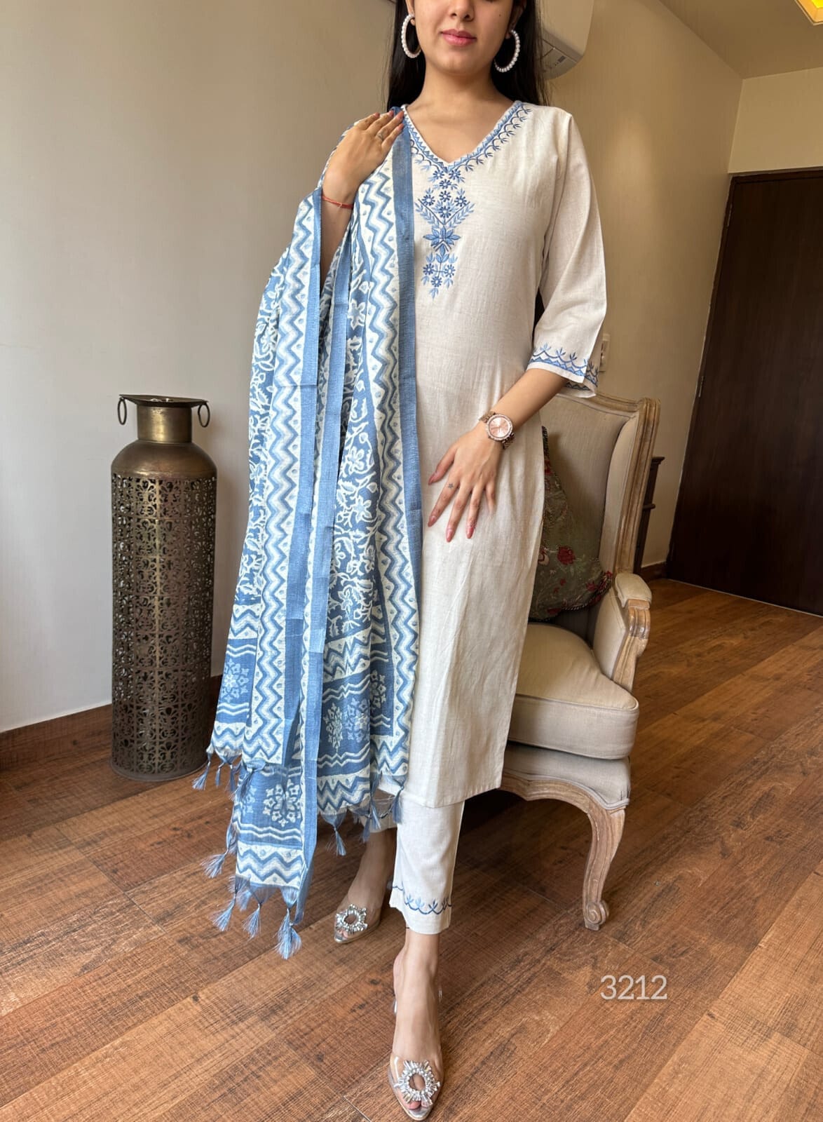 Off - White Kurta with Intricate Embroidery, Paired with Cotton Silk Dupatta - pasoya