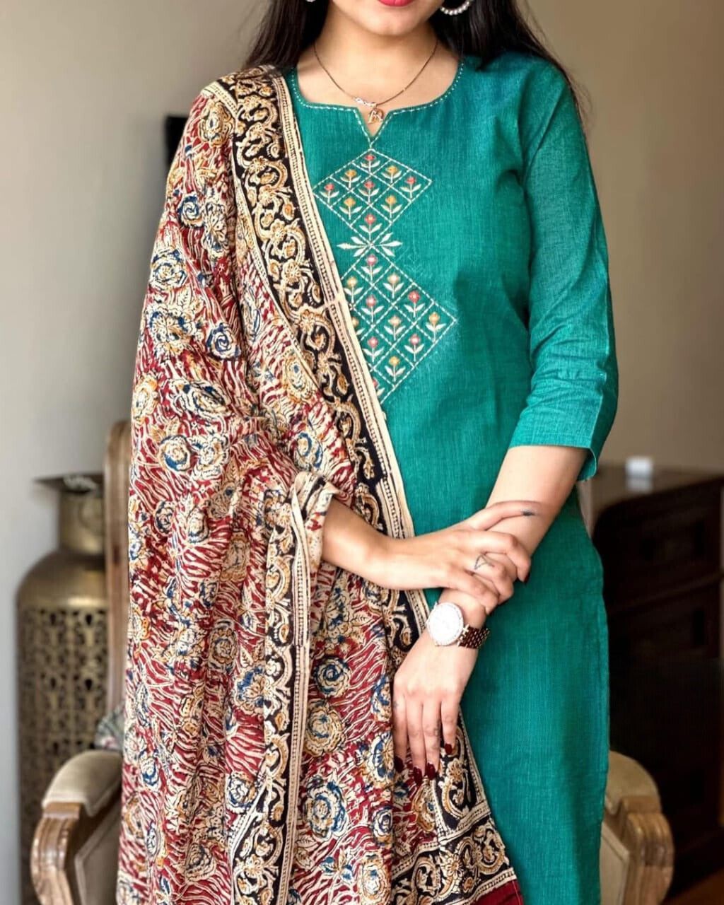 Persian Green Embroidered Handloom Cotton Suit Set with Dupatta - pasoya
