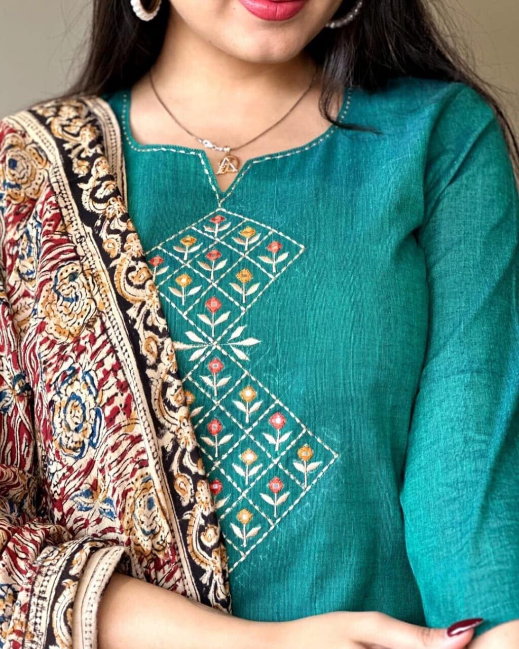 Persian Green Embroidered Handloom Cotton Suit Set with Dupatta - pasoya