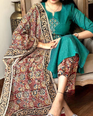 Persian Green Embroidered Handloom Cotton Suit Set with Dupatta - pasoya