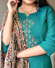Persian Green Embroidered Handloom Cotton Suit Set with Dupatta - pasoya