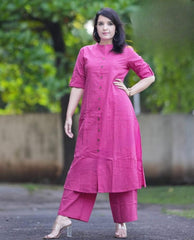 Pink Embroidered Cotton Kurta and Palazzo Set - pasoya