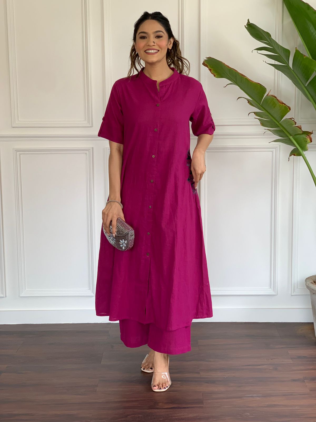 Pink Embroidered Cotton Kurta and Palazzo Set - pasoya