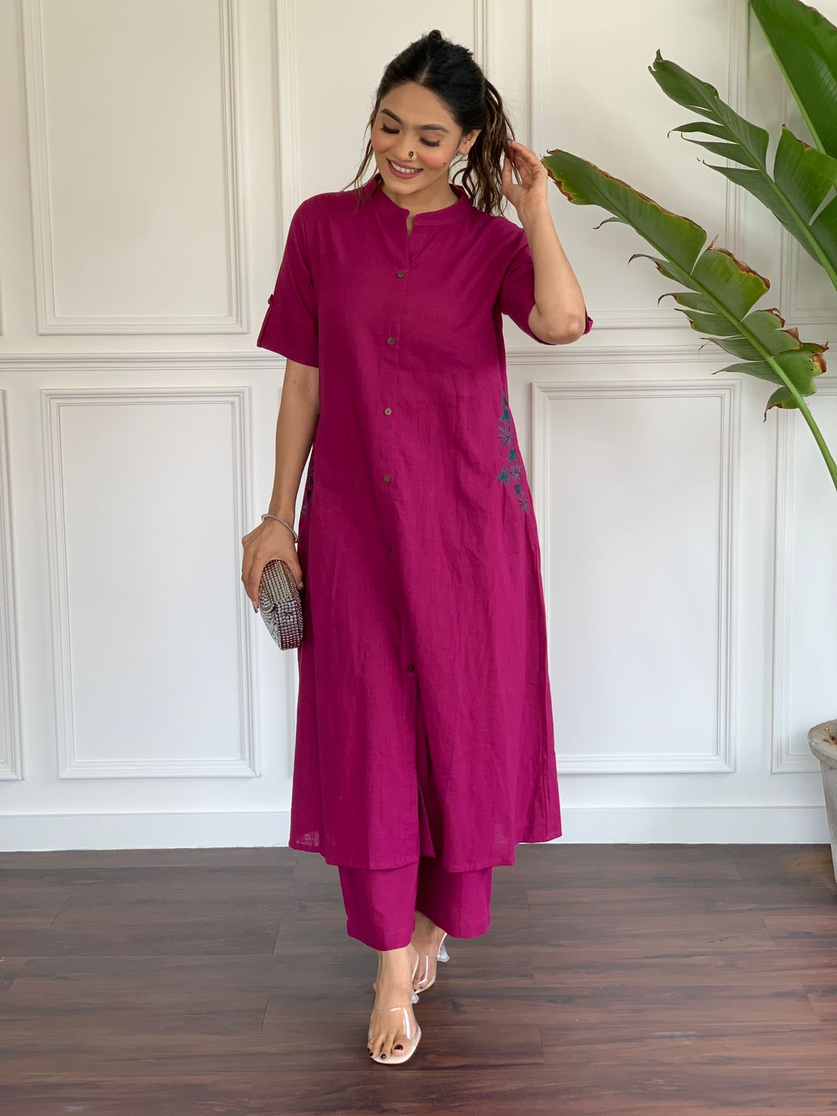 Pink Embroidered Cotton Kurta and Palazzo Set - pasoya