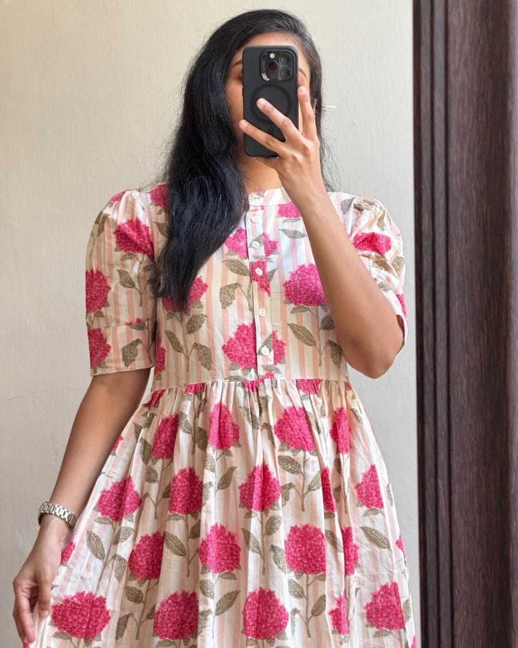 Pink Flower Print Cotton Dress - pasoya