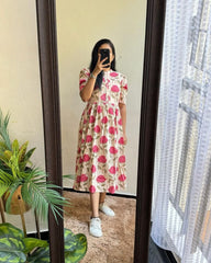 Pink Flower Print Cotton Dress - pasoya