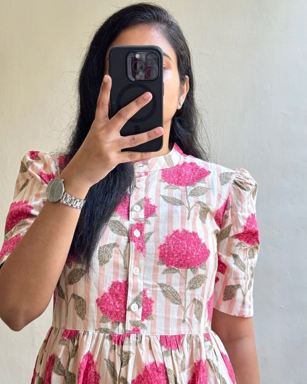 Pink Flower Print Cotton Dress - pasoya