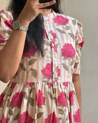 Pink Flower Print Cotton Dress - pasoya