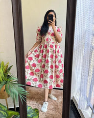 Pink Flower Print Cotton Dress - pasoya