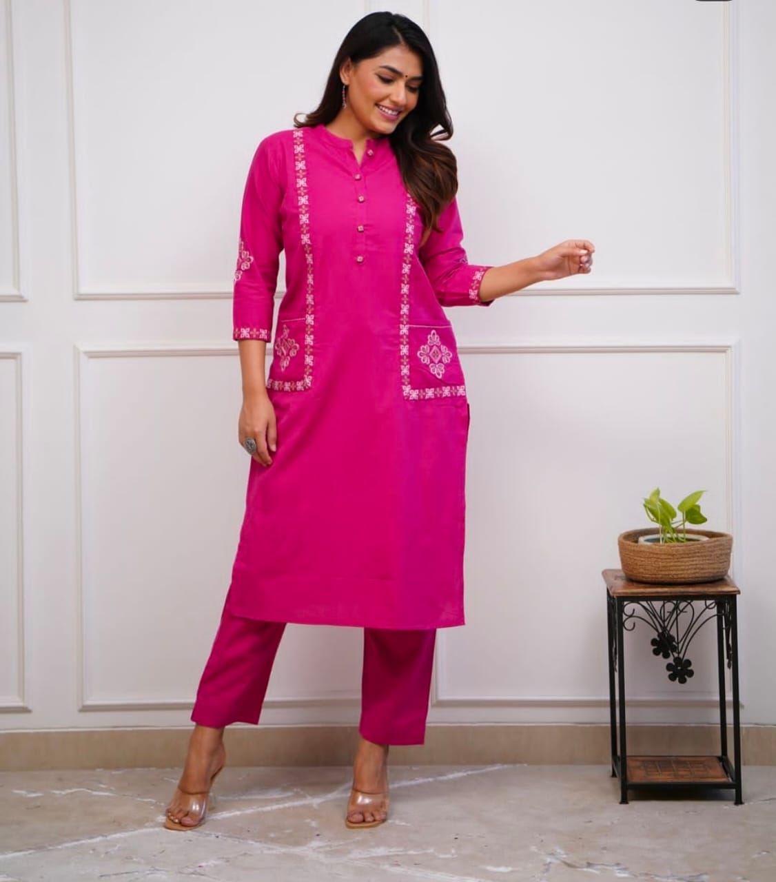 Pink Rani Embroidered Pocket Cotton Pant Set - pasoya