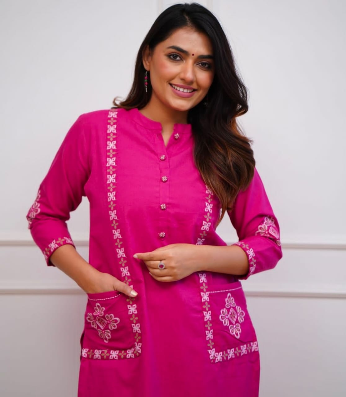 Pink Rani Embroidered Pocket Cotton Pant Set - pasoya