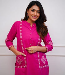 Pink Rani Embroidered Pocket Cotton Pant Set - pasoya