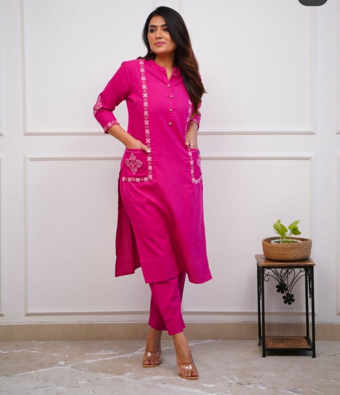 Pink Rani Embroidered Pocket Cotton Pant Set - pasoya