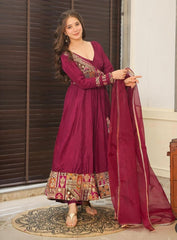 Pure Chinnon With Embroidery Sequence Work Gown And Dupatta Set - pasoya