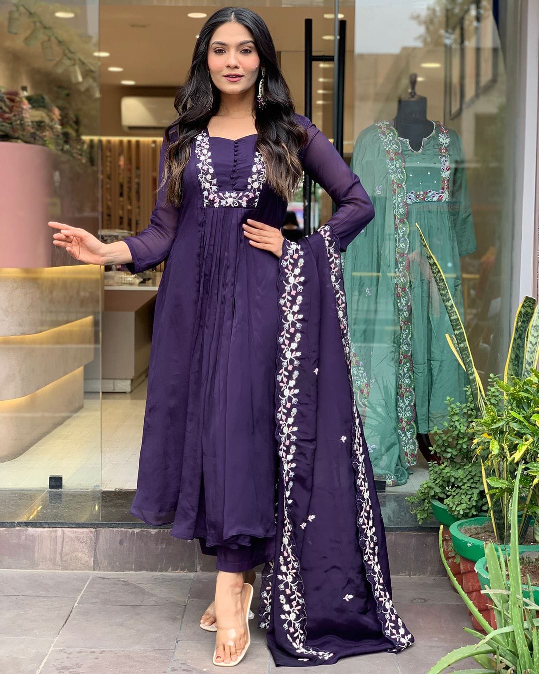 Purple Cotton Embroidery Kurta Pant and Organza Dupatta Set - pasoya