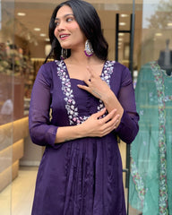 Purple Cotton Embroidery Kurta Pant and Organza Dupatta Set - pasoya
