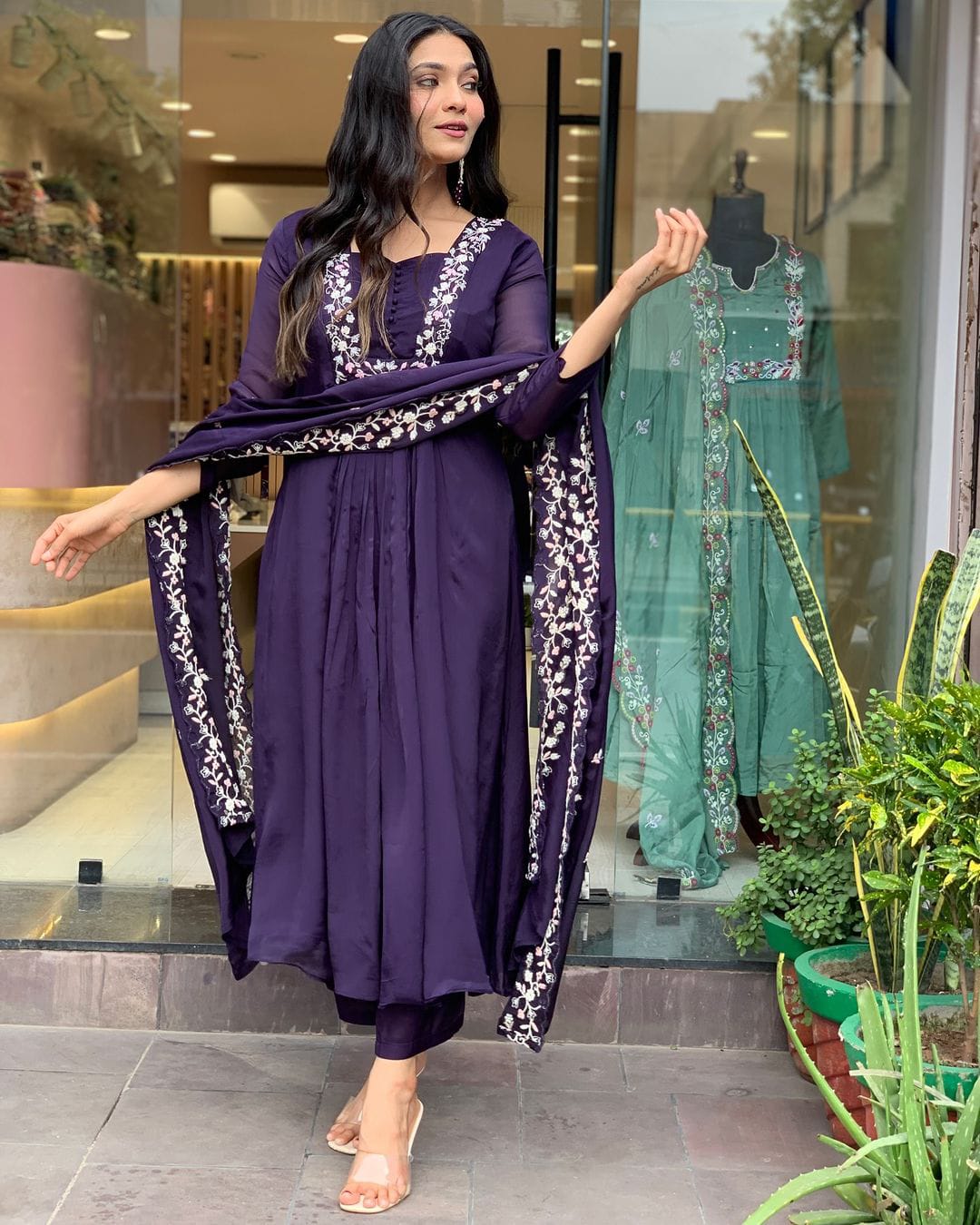 Purple Cotton Embroidery Kurta Pant and Organza Dupatta Set - pasoya