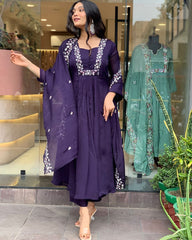 Purple Cotton Embroidery Kurta Pant and Organza Dupatta Set - pasoya