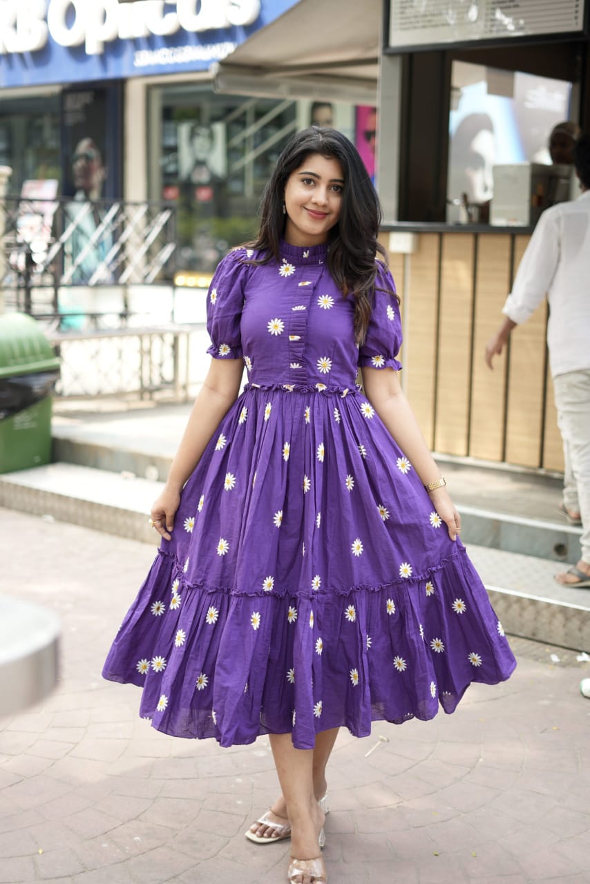 Purple Embroidery Cotton Dress - pasoya