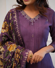 Purple Rayon Kurta Pant and Muslin Dupatta set - pasoya