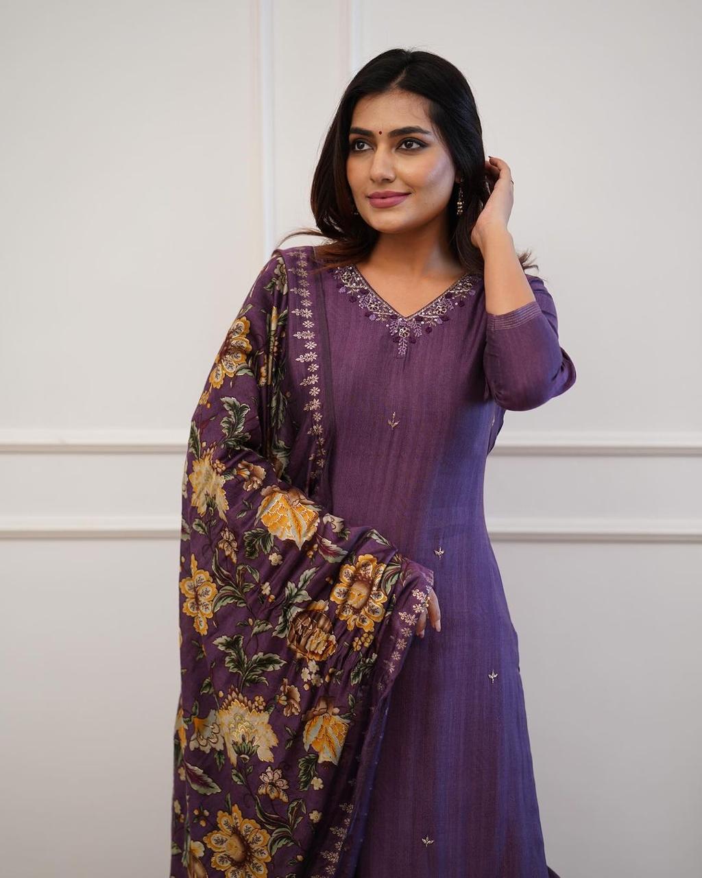 Purple Rayon Kurta Pant and Muslin Dupatta set - pasoya