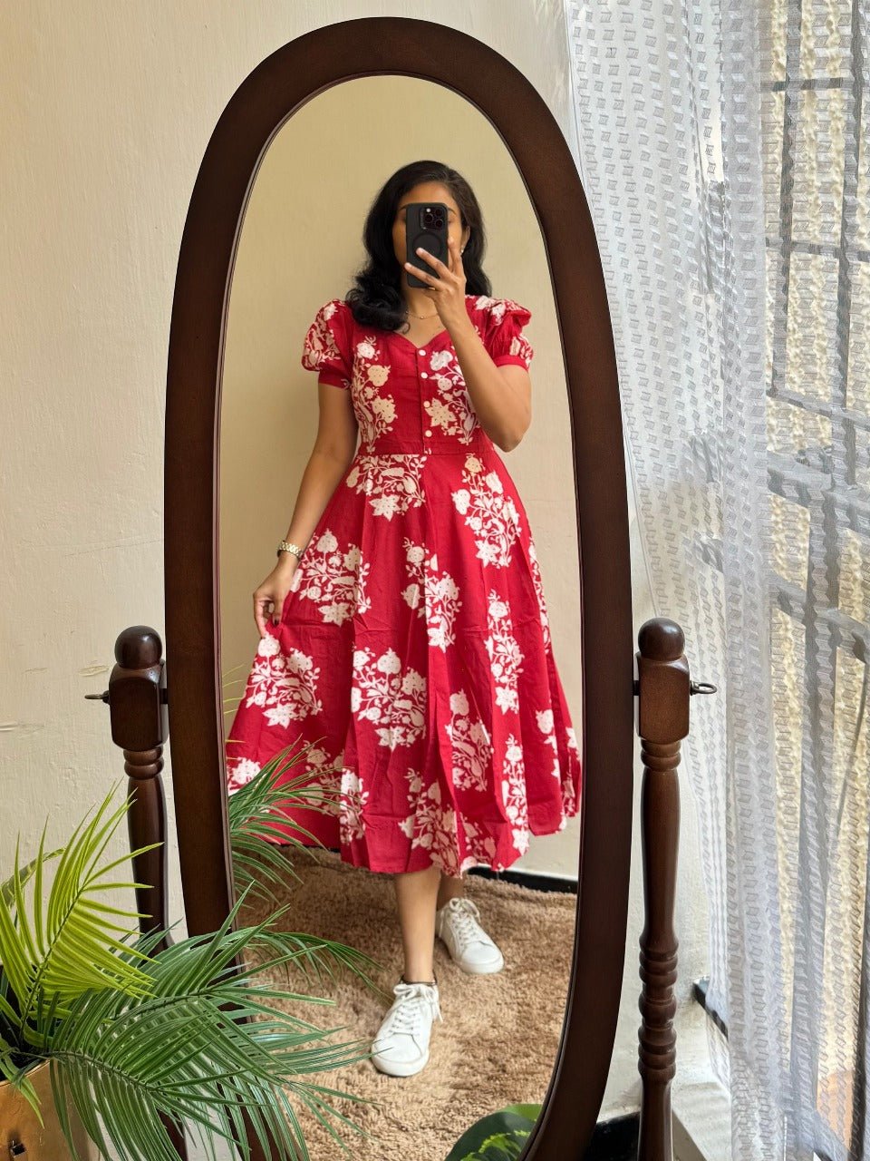 Red Cotton Dahlia Flowy Dress - pasoya