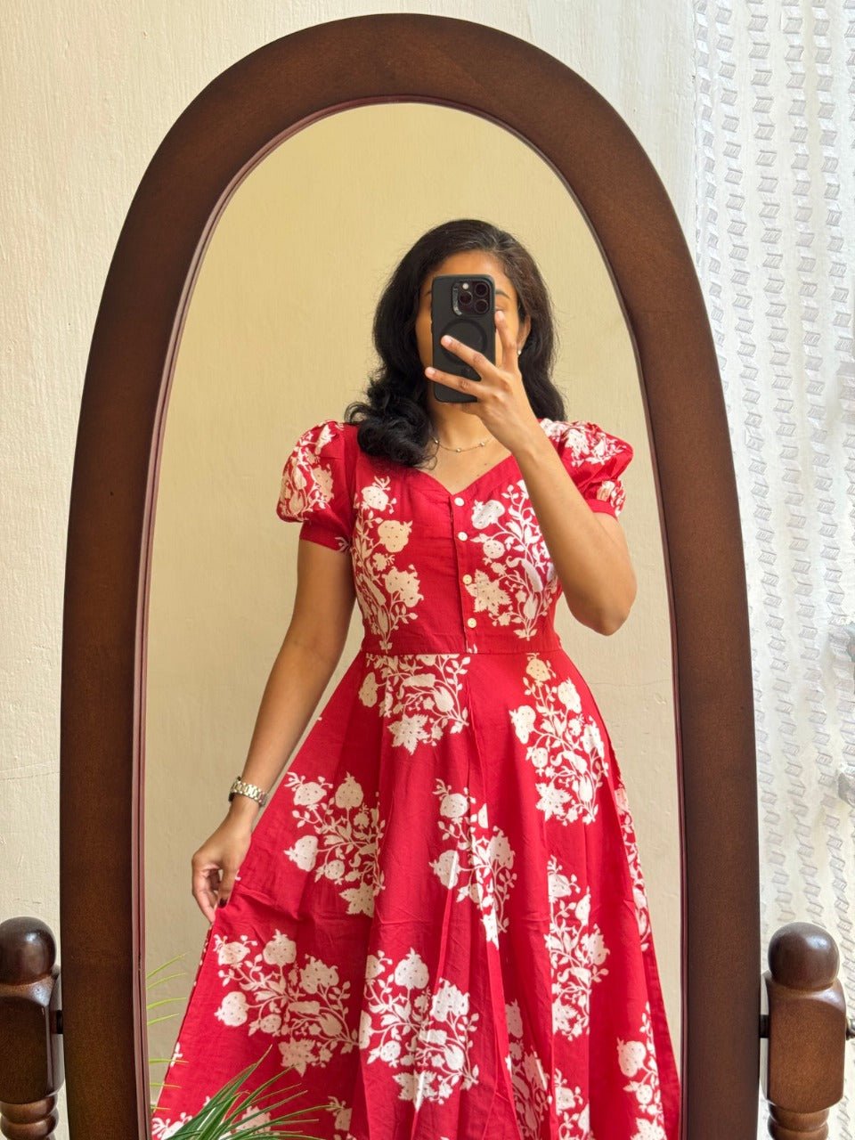 Red Cotton Dahlia Flowy Dress - pasoya