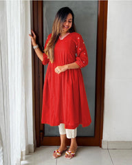 Red Embroidered Kurti with White Pants - pasoya