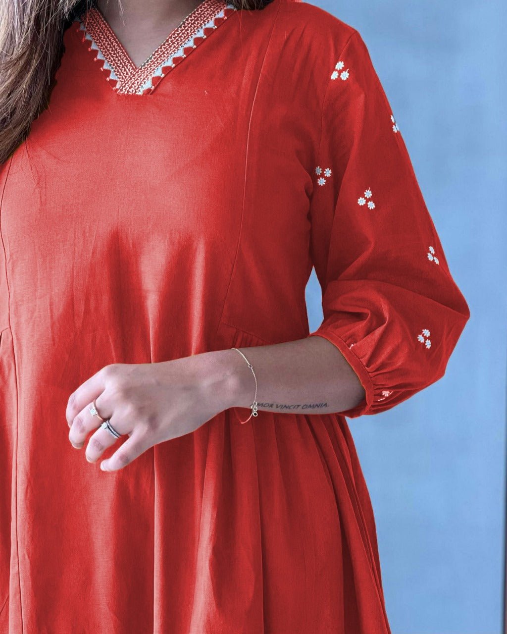 Red Embroidered Kurti with White Pants - pasoya