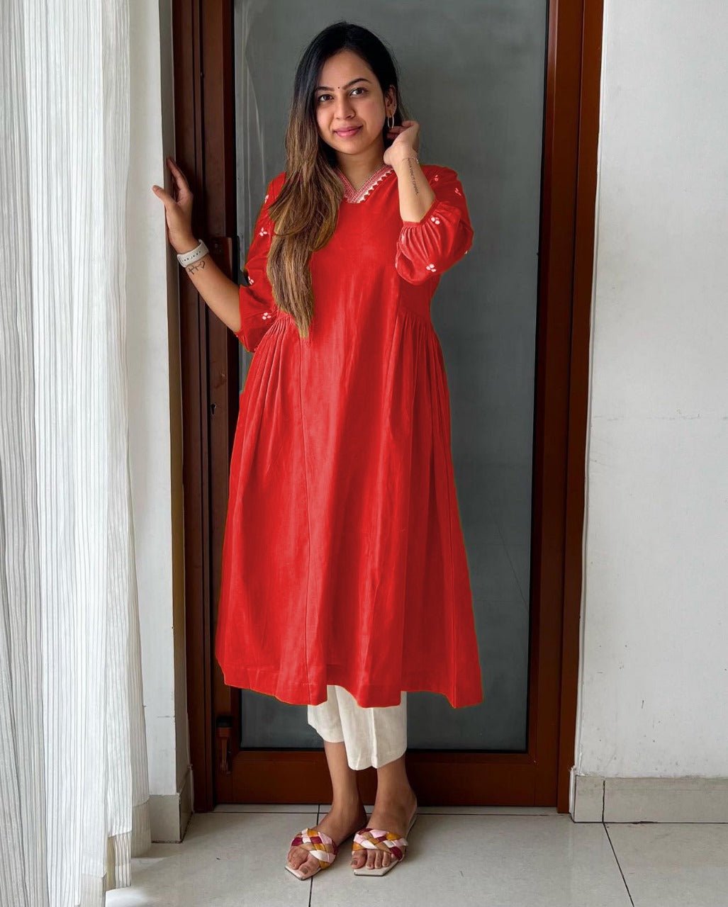 Red Embroidered Kurti with White Pants - pasoya