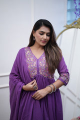 Regal Purple Embroidered Anarkali Cotton Suit - pasoya