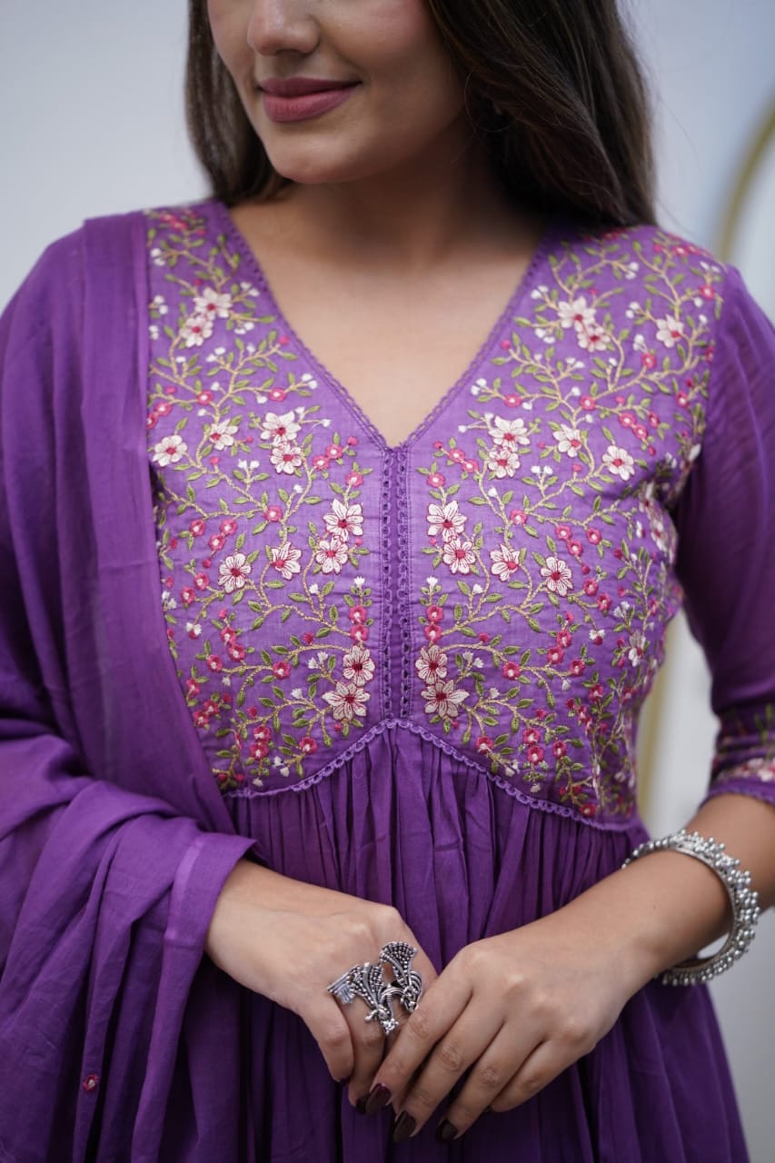 Regal Purple Embroidered Anarkali Cotton Suit - pasoya