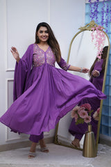 Regal Purple Embroidered Anarkali Cotton Suit - pasoya
